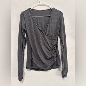 Lululemon  Sunset Salutation Long Sleeve Top Gray Stripe Faux Wrap V Neck